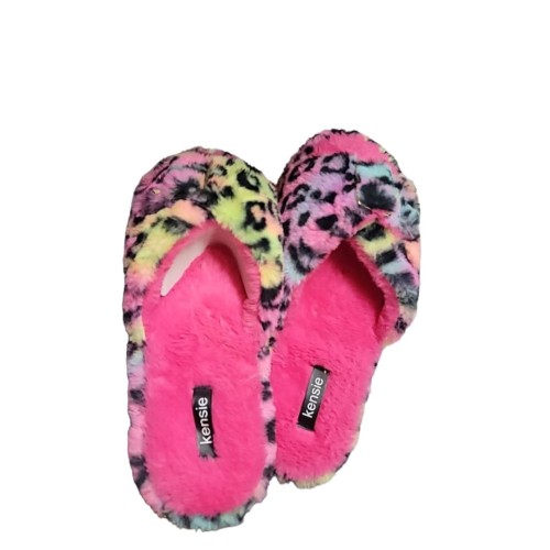 Kensie size 9 Pink with Rainbow Leopard Memory Foam Fluffy Furry Slippers