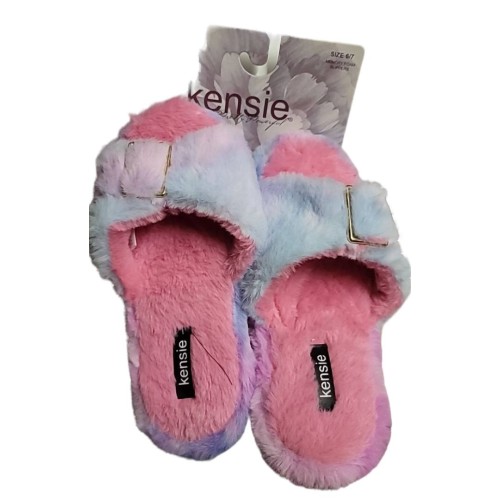 Kensie Women’s Size 6/7 Memory Foam Rainbow Pink/Blue Tie-Dye Faux Fur Slippers