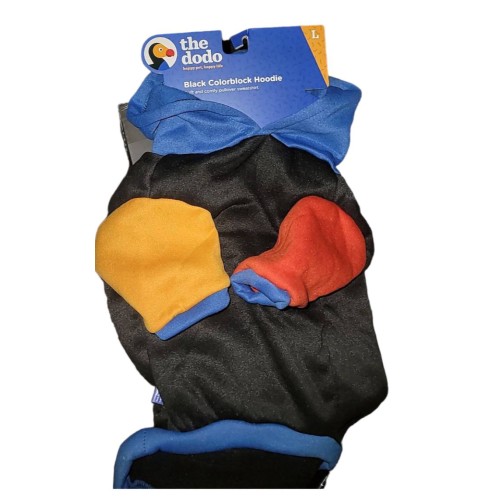 The Dodo Black, Red, Blue and Yellow Hoodie Large=22-26" long, girth 25-30"