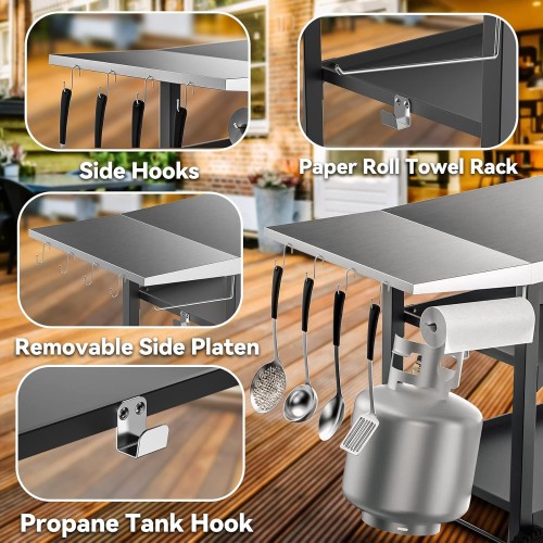 Skyflame Movable Outdoor Dining Cart Table, Three-Shelf Stainless Steel BBQ Grill Cart, Multifunctional Food Prep Flattop Worktable on Wheels for Kitchen, Pizza Oven, Patio Grilling Backyard