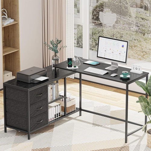 SUPERJARE L Shaped Desk with Power Outlets, Computer Desk with Drawers & Shelves, Corner Desk Gaming Desk Home Office Desk, Black