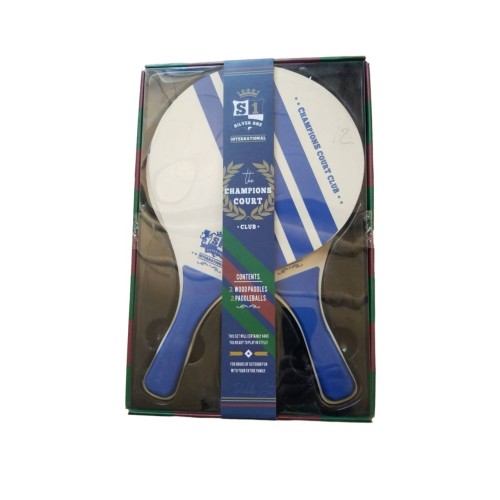 Champions Court Club Wooden Paddle & Ball Beach Set 2 Paddles 2 Balls BLUE OB.