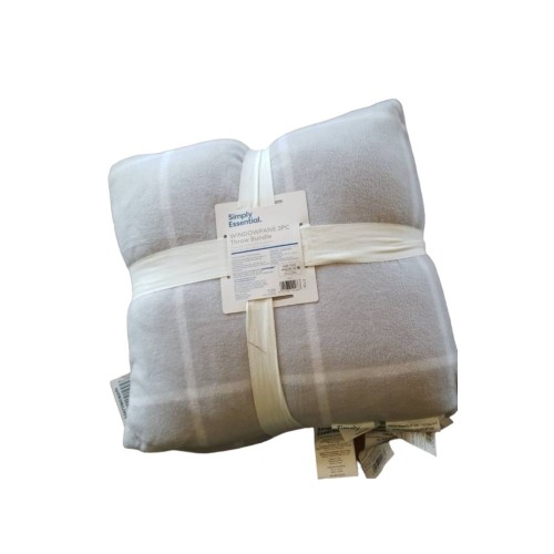 Simply Essential 3-Piece Windowpane Plaid Throw Blanket Feather Pillow Bundle	