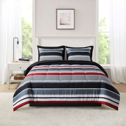 Mainstays 7-Piece Reversible Red Stripe Bed in a Bag Comforter Set with Sheets