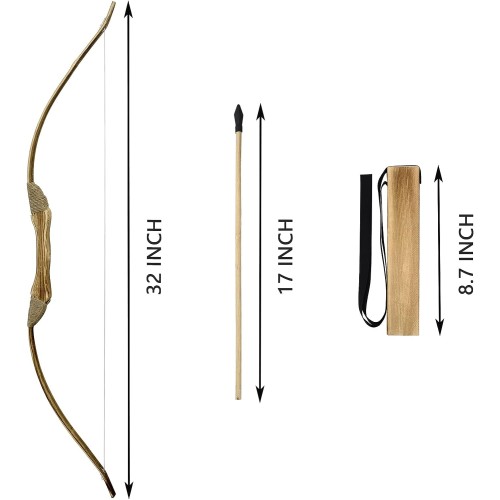 Kids Bow and Arrow Set, Handmade 32 Inch Wooden Bow and Arrow, Toy Bow and Arrow for Kids 4-6 8-12, 1 Bows 1 Quivers and 10 Wood Arrows, Gifts for Kids Youth Boys and Girls