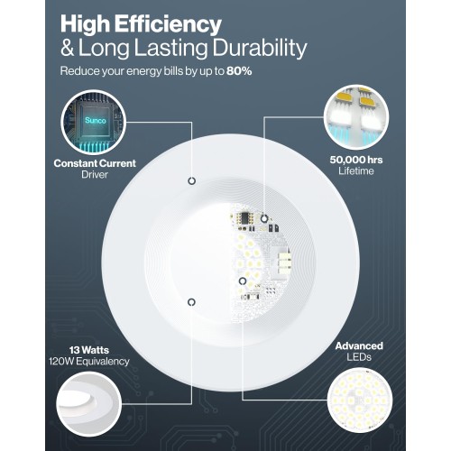 Sunco Lighting 48 Pack 5CCT Retrofit LED Recessed Lighting 6 Inch, 2700K/3000K/3500K/4000K/5000K Selectable, Dimmable Can Lights, Baffle Trim, 13W=75W, 965LM, Damp Rated - UL