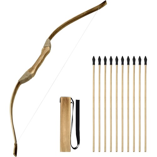 Kids Bow and Arrow Set, Handmade 32 Inch Wooden Bow and Arrow, Toy Bow and Arrow for Kids 4-6 8-12, 1 Bows 1 Quivers and 10 Wood Arrows, Gifts for Kids Youth Boys and Girls