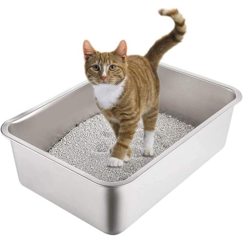 Yangbaga Stainless Steel Litter Box for Cat and Rabbit, Odor Control Litter Pan, Non Stick, Easy to Clean, Rust Proof, Large Size with High Sides and Non Slip Rubber Feets