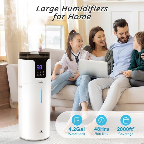 Humidifiers for Home, 16L/4.2Gal Whole house Humidifier 2000 sq.ft. Ultrasonic Cool Mist Large Room Humidifier with Extension Tube, Quiet Bedroom Humidifier with Aroma Box, White