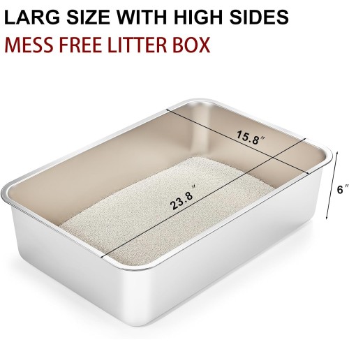 Yangbaga Stainless Steel Litter Box for Cat and Rabbit, Odor Control Litter Pan, Non Stick, Easy to Clean, Rust Proof, Large Size with High Sides and Non Slip Rubber Feets