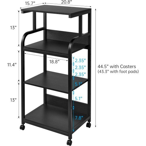 Printer Stand with Adjustable Shelf, 4 Tier Large Tall Printer Table with Wheels for Home Office Storage and Organization, Rolling Stand Cart for Computer Tower CPU Shredder, Black