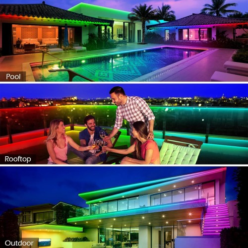 300ft Outdoor LED Strip Lights Waterproof With self-adhesive back,IP68 Outside Led Lights Strips Waterproof with Bluetooth App Remote,Music Sync RGB Exterior Led Rope Lights for Balcony,Deck,Roof,Pool