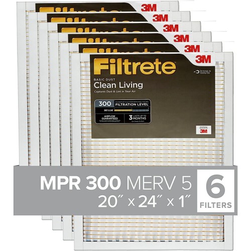 Filtrete 20x24x1 Air Filter, MPR 300, MERV 5, Clean Living Basic Dust 3-Month Pleated 1-Inch Air Filters, 6 Filters