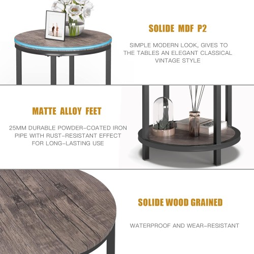 NSdirect Round Side Table Set of 2,16in Rustic Wooden End Table Surface Top & Sturdy Metal Legs Nightstand for Living Room Bedroom Farmhouse Sofa Table with Storage Open Shelf (Light Walnut)