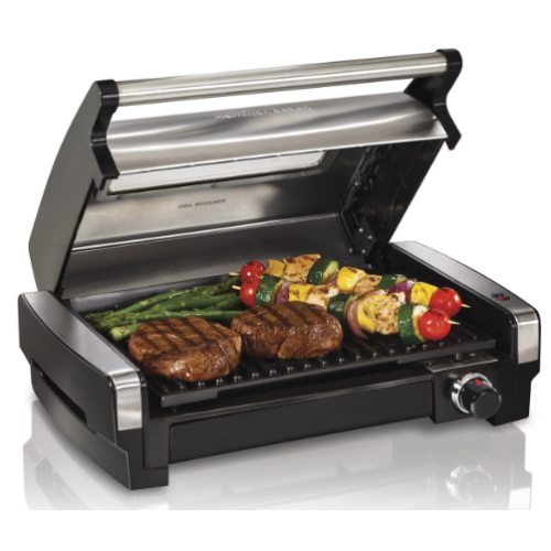 Hamilton Beach Electric Indoor Searing Grill with Adjustable Temperature Control to 450F, 118 sq. in. Surface Serves 6, Removable Nonstick Grate, Viewing Window, Stainless Steel