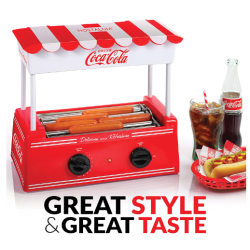 Nostalgia Coca-Cola Hot Dog Roller Holds 8 Regular Sized or 4-Foot-Long Hot Dogs and 6 Bun Capacity, Stainless Steel Rollers, Perfect For Breakfast Sausages, Brats, Taquitos, Egg Rolls, Red/White