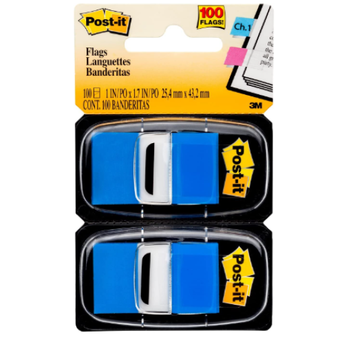 Post-it Flags, 50/Dispenser, 2 Dispensers/Pack, 1 in Wide, Bright Blue