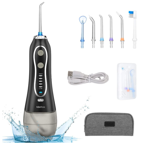 H2ofloss Water Flosser Portable Dental Oral Irrigator with 5 Modes, 6 Replaceable Jet Tips, Rechargeable Waterproof Teeth Cleaner for Home and Travel -300ml Detachable Reservoir