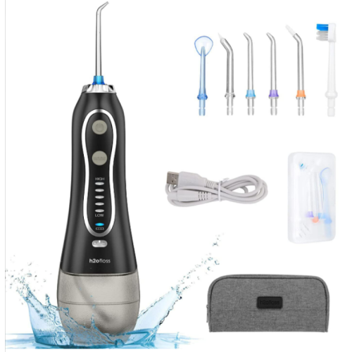 H2ofloss Water Flosser Portable Dental Oral Irrigator with 5 Modes, 6 Replaceable Jet Tips, Rechargeable Waterproof Teeth Cleaner for Home and Travel -300ml Detachable Reservoir