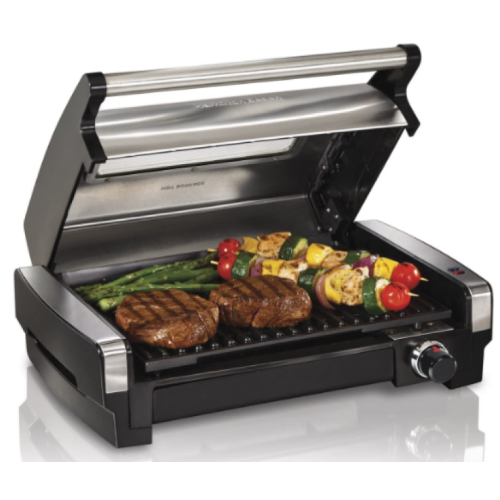 Hamilton Beach Electric Indoor Searing Grill with Adjustable Temperature Control to 450F, 118 sq. in. Surface Serves 6, Removable Nonstick Grate, Viewing Window, Stainless Steel