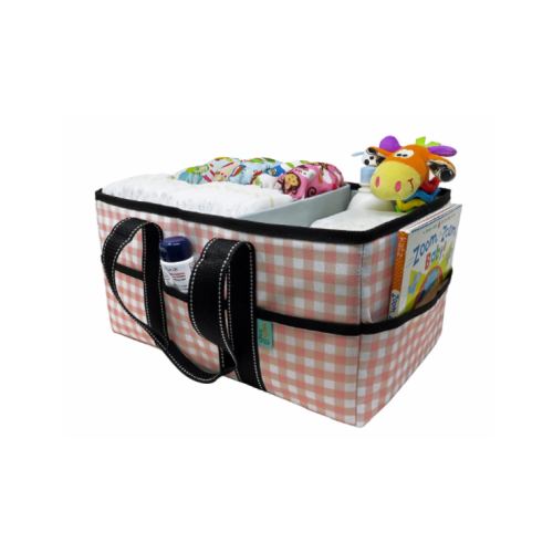 Early Hugs Baby Diaper Caddy Organizer, Nursery Storage, Baby Gift Basket, Pink & White Plaid