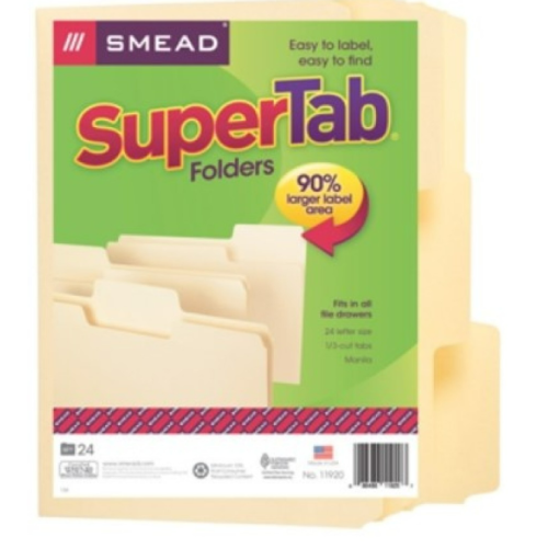 SuperTab File Folders, Letter Size, 1/3-Cut, No Fastener, 11pt. Manila, 24/Pack