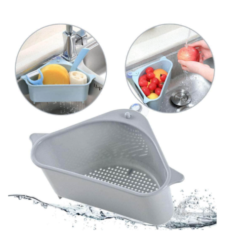 Triangle Sink Basket with Silicone Sponge, Multifunctional Drain Shelf Sink Storage Rack Corner Holder For Kitchen Washroom with Sucker Bathroom Soap Box Organizer (Gray)