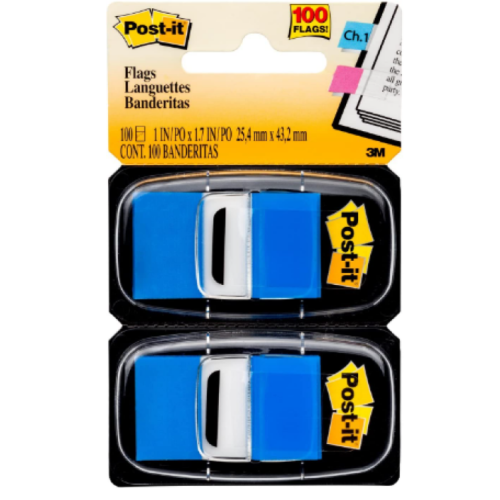 Post-it Standard Page Flags in Dispenser 1in Wide, Bright Blue 100 Flags