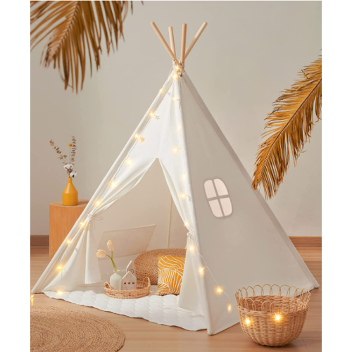 Teepee Tent for Kids with Light & Padded Mat & Carry bag -Tiny Land Outdoor Kids Teepee Tent, Washable Play Tent for Toddlers 1-3, 100% Cotton Canvas Foldable Design, Indoor Play Tent for Girls & Boys