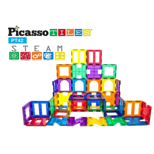 PicassoTiles 42 Piece Magnetic Building Block Set Playboards Magnet Tiles Construction Toy Educational Kit Tile Magnets Engineering STEM Learning Playset Stacking Blocks for Toddler Preschool 3 & up