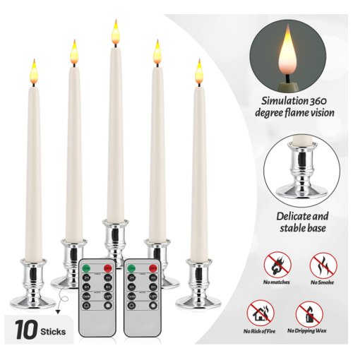 Da by Window Candles,Flameless Candles,3D Flame Technology, Ivory 10 inch LED Flameless Flickering Battery Candles with Remote Candles- Set of 10