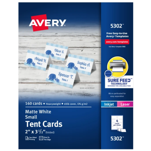 Avery Printable Small Tent Cards, 2" x 3.5", Two-Sided Printing, Matte White