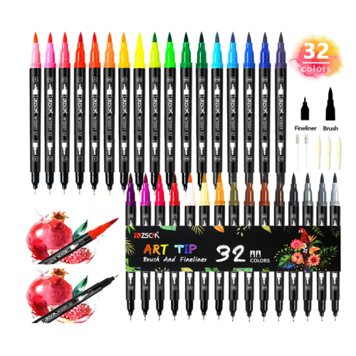 ZSCM 32 Colors Duo Tip Brush Markers Art Pen Set, Artist Fine and Brush Tip Colored Pens