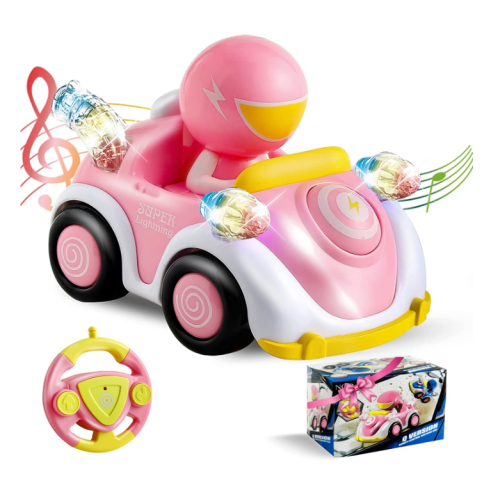 NQD Pink Remote Control Cartoon Car for Girl, RC Race Car for Toddler with Music and Lights ,2.4GHz Baby Radio Control Toys Education Gifts