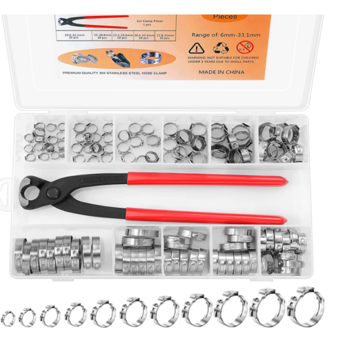 120PCS 11 Sizes Single Ear Hose Clamps 304 Stainless Steel, 6-33.1mm Stepless Cinch Rings Crimp Assortment Kit with Ear Clamp Pincer for Securing Pipe Hoses and Automotive Use By Hydencamm