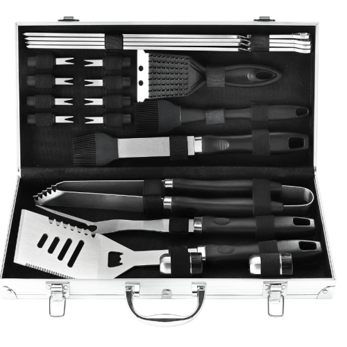 NOBLE FAMILY 21PCS Complete BBQ Utensils Set with Aluminum Case - Enlarged Handle Stainless Steel Grill Tools Set for Outdoor Camping Barbecue 