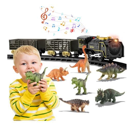 Dinosaur Toy Train Set, Classical Electric Train Battery Operated Play Locomotive Engine with Sounds & Light, Railway Track Cargo Car with 6 Types of Dino, Gift for 3 Years Old & Up Boy Girl Children