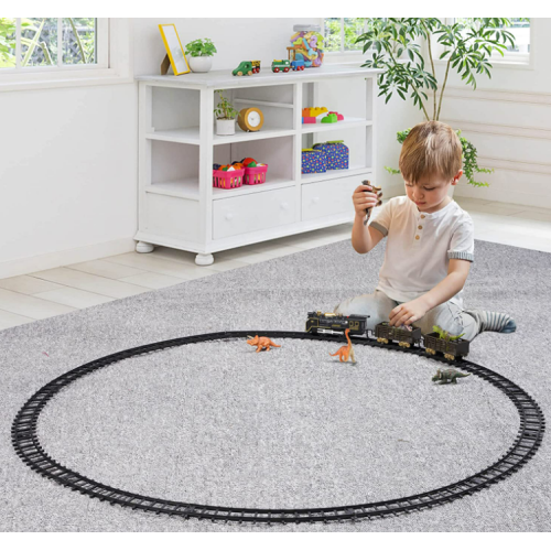 Dinosaur Toy Train Set, Classical Electric Train Battery Operated Play Locomotive Engine with Sounds & Light, Railway Track Cargo Car with 6 Types of Dino, Gift for 3 Years Old & Up Boy Girl Children