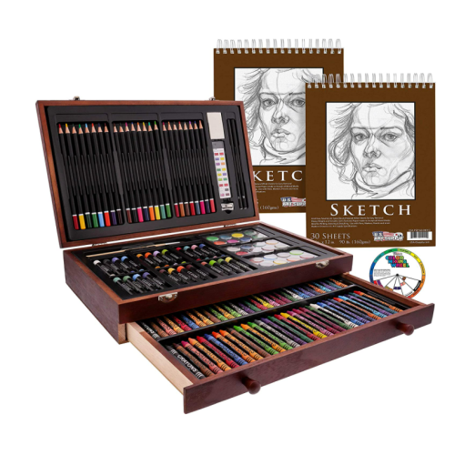 U.S. Art Supply 145-Piece Mega Wood Box Art Painting and Drawing Set in Storage Case - 2 Sketch Pads, 24 Watercolor Paint Colors, 24 Oil Pastels, 24 Colored Pencils, 60 Crayons, 2 Brushes, Artist Kit