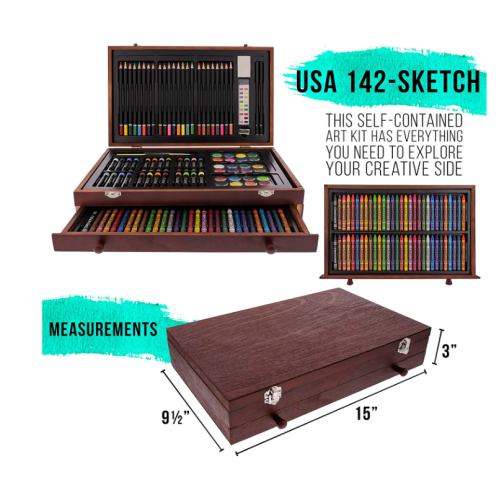 U.S. Art Supply 145-Piece Mega Wood Box Art Painting and Drawing Set in Storage Case - 2 Sketch Pads, 24 Watercolor Paint Colors, 24 Oil Pastels, 24 Colored Pencils, 60 Crayons, 2 Brushes, Artist Kit