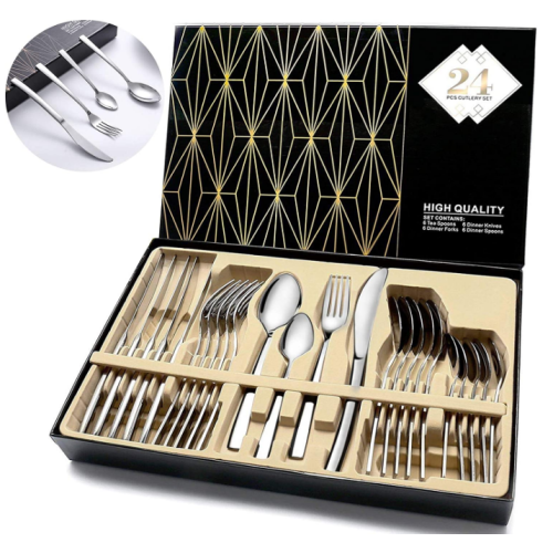 Silverware Set, HOBO 24-Piece Stainless Steel Flatware Silverware Set with Premium Gift box, Include Knife/Fork/Spoon/Teaspoon Service for 6, Mirror Finish, Smooth Edge