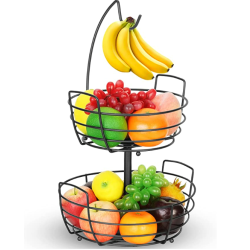 2 Tier Fruit Basket Bowl with Banana Hanger for Kitchen Countertop