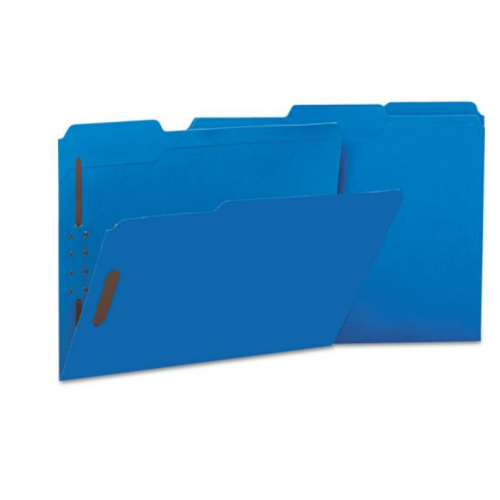 Universal Deluxe Reinforced Top Tab Fastener Folders, 0.75" Expansion, 2 Fasteners, Letter Size, Blue Exterior, 50/Box