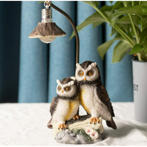 Owl Sculpture Night Light- Resin Statue Ornaments Gray White