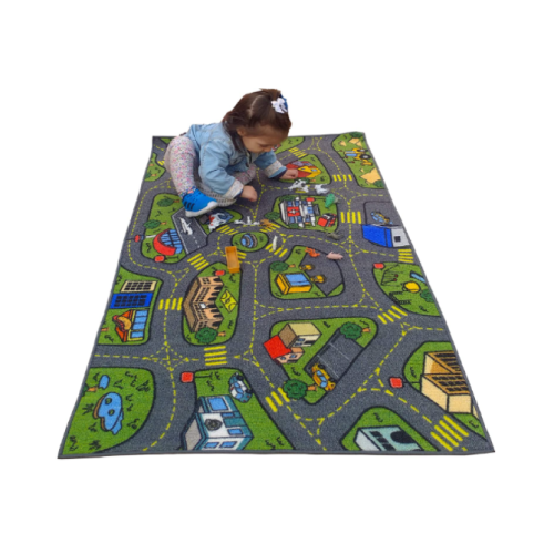 JUNGTIER Fun Time Retro City Traffic Car Road Map Educational Learning & Game Area Rug