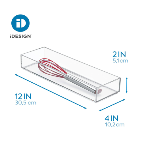 iDesign Clarity Plastic Drawer Organizer, Storage Container for Silverware, Utensils, Kitchen Gadgets in Pantry, Cabinets, Countertops, 4" x 12" x 2" - Clear set of 2