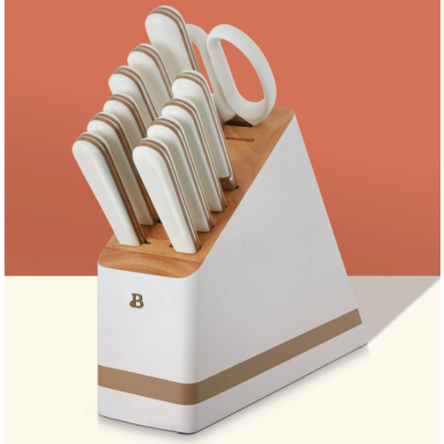 Beautiful 12-piece Forged Kitchen Knife Set in White with Wood Storage Block, by Drew Barrymore