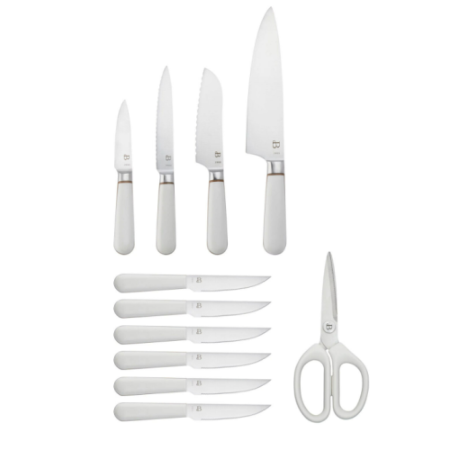 Beautiful 12-piece Forged Kitchen Knife Set in White with Wood Storage Block, by Drew Barrymore