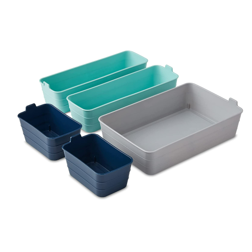 Starplast Industries Mainstays Set of 5 Flexible Drawer Storage Organizers, Grey, Blue, Teal