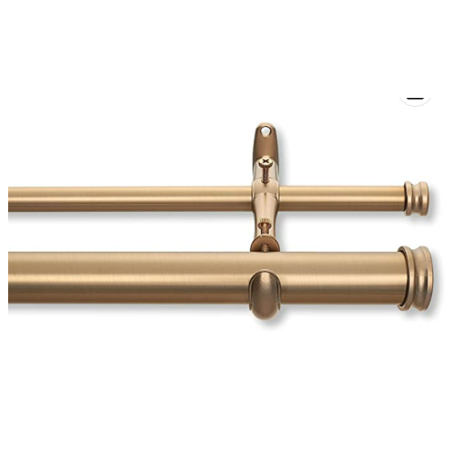 Cambria® Premier Complete Double (1 1/8" Front Rod and 5/8" Back Rod) Adjustable Curtain Rod Set with End Caps for Curtains and Draperies, Fits 88" to 144" Windows, Warm Gold